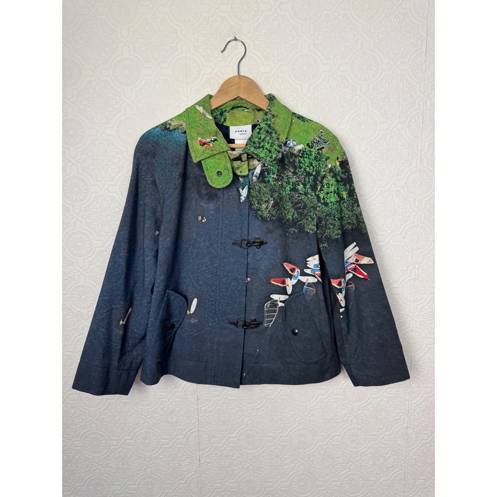 Akris Punto Surfer Print Novelty Print Toggle Jacket Blue Cotton US 6 Designer